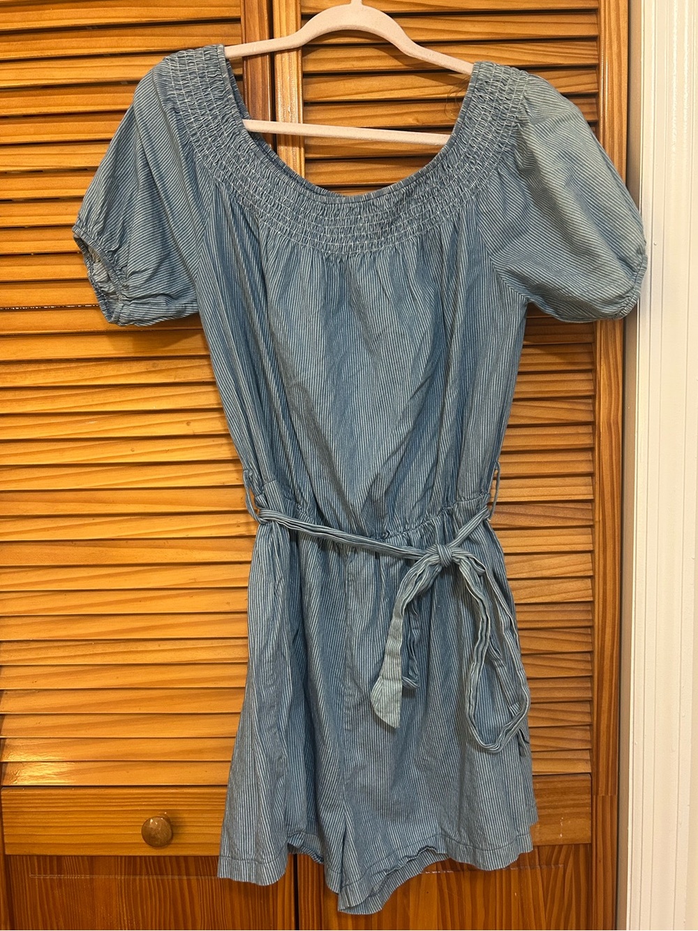 Fashion Nova Smocked Off-shoulder Blue & white Striped Romper with Tie Waist